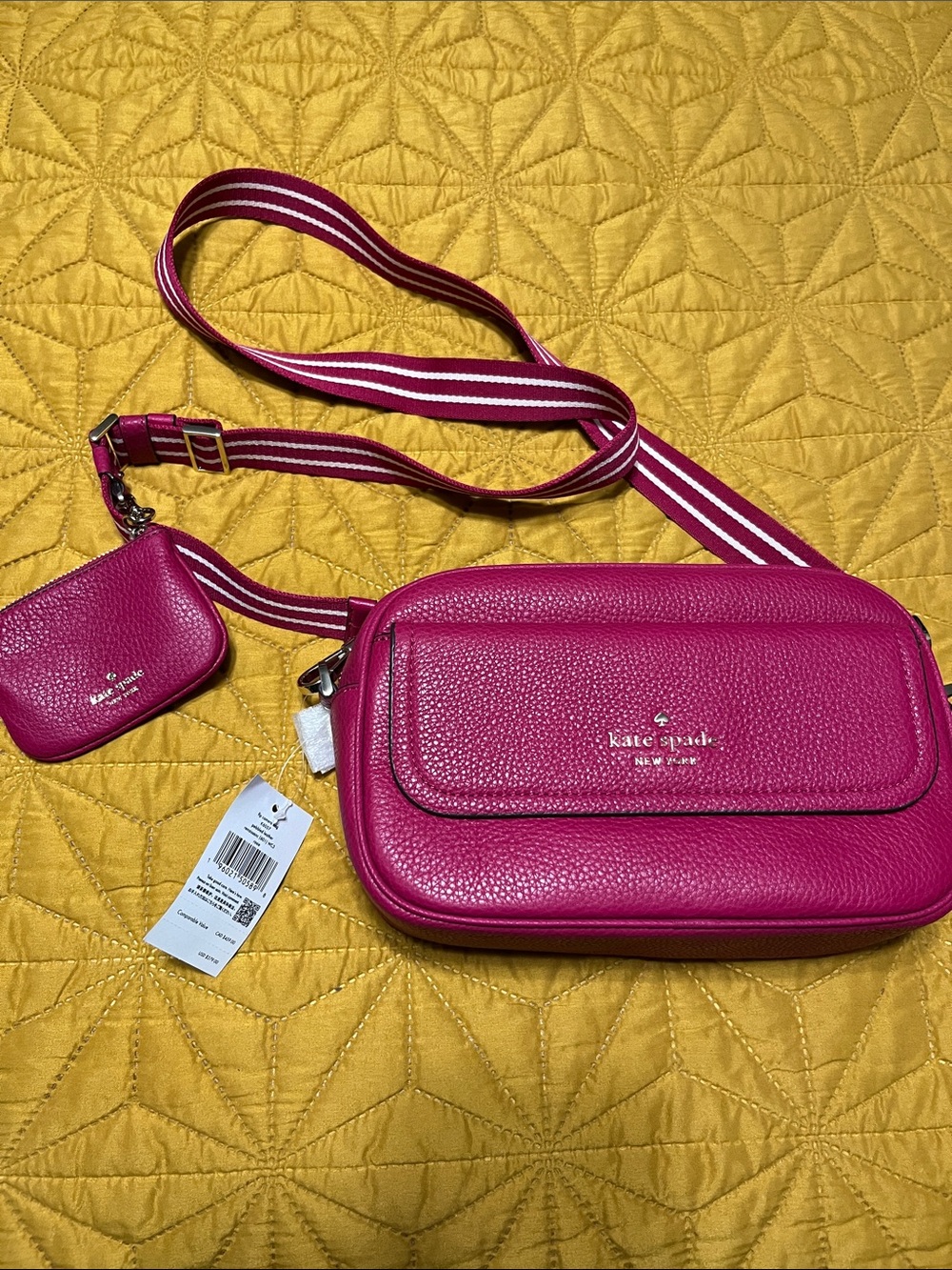 kate spade Bright Fuchsia Pebbled Leather Crossbody with Striped Strap